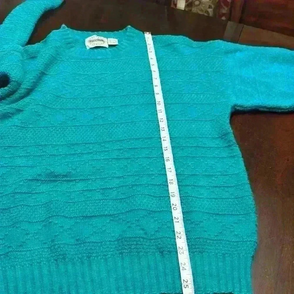 Vintage 80s Sweater Geometric Bright Teal Ramie/Cotton Cable Knit Sweater Large - Picture 14 of 14